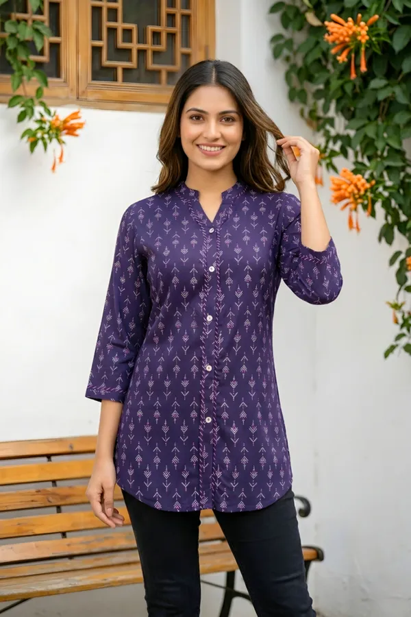 Dark_Blue_Printed_Rayon_Kurti_Top_for_Women_with_Front_Placket_Design