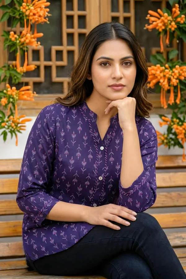Dark_Blue_Printed_Rayon_Kurti_Top_for_Women_with_Front_Placket_Design