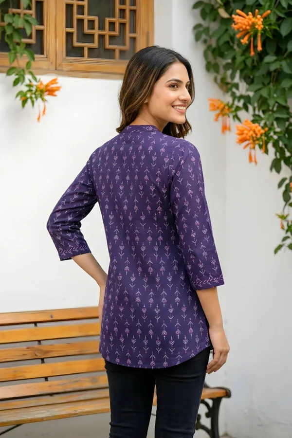 Dark_Blue_Printed_Rayon_Kurti_Top_for_Women_with_Front_Placket_Design