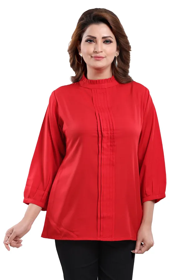 Red_Poly_Crepe_Office_Wear_Short_Tunic_Top