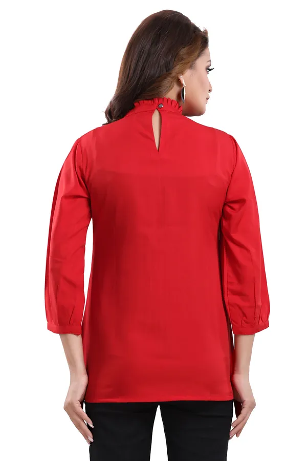 Red_Poly_Crepe_Office_Wear_Short_Tunic_Top