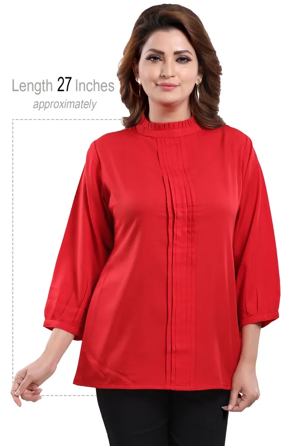 Red_Poly_Crepe_Office_Wear_Short_Tunic_Top
