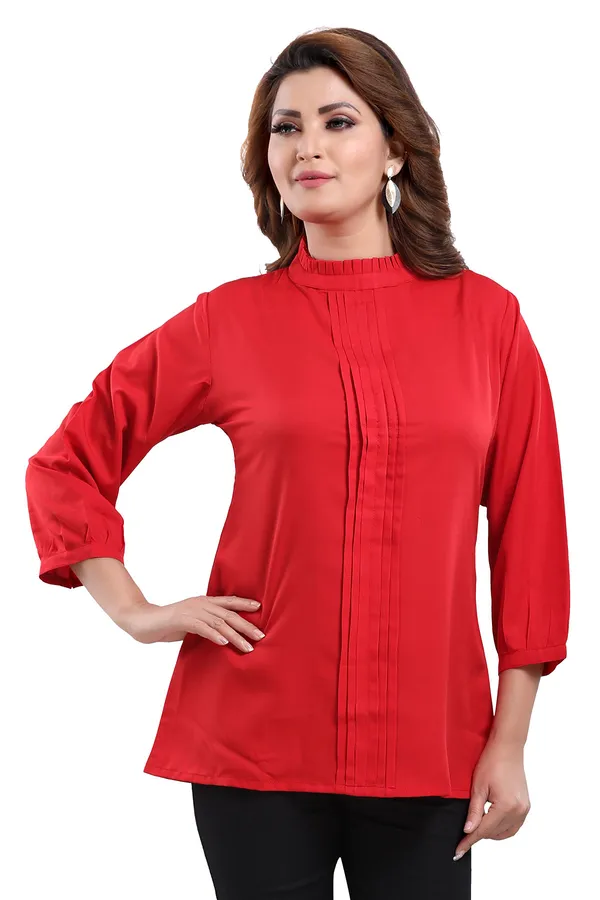 Red_Poly_Crepe_Office_Wear_Short_Tunic_Top