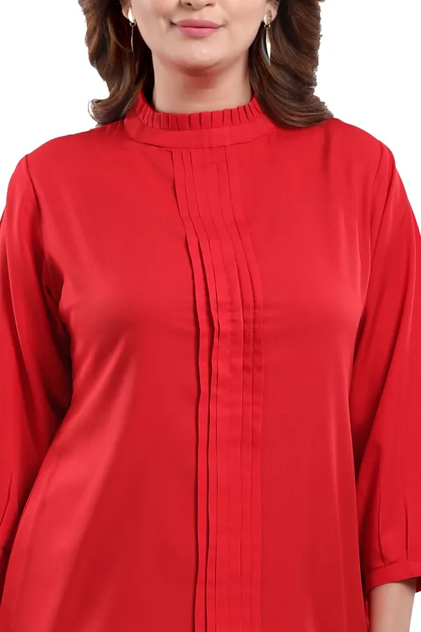 Red_Poly_Crepe_Office_Wear_Short_Tunic_Top