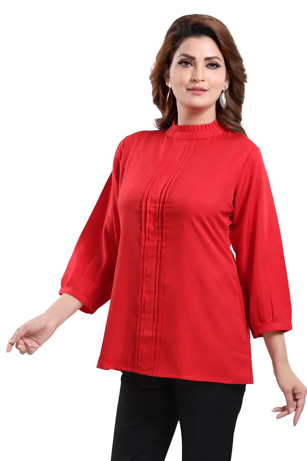 Red_Poly_Crepe_Office_Wear_Short_Tunic_Top