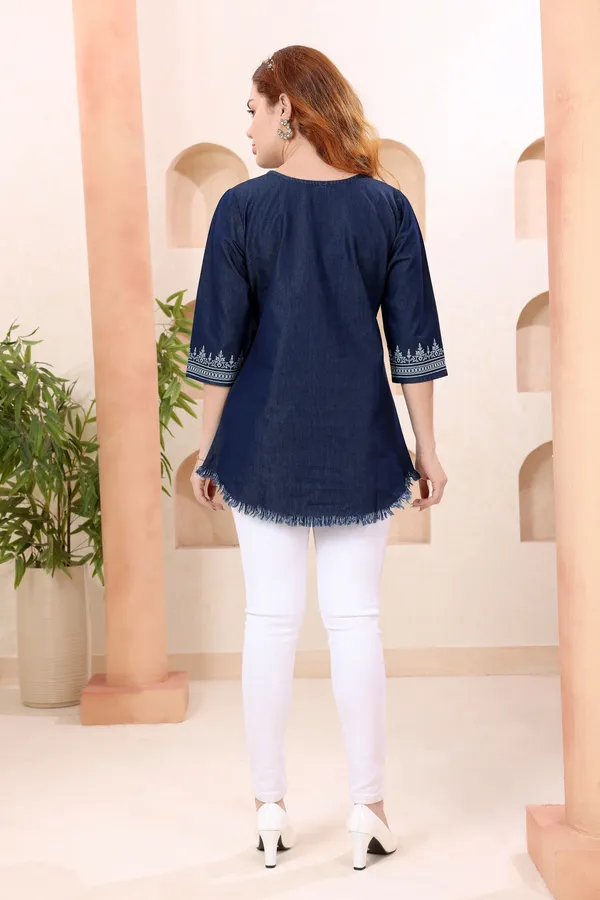 Fashionable_Boat_Neck_Denim_Tunic_With_Hand_Embroidery