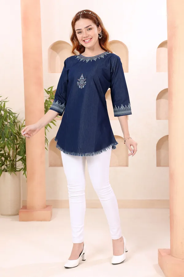 Fashionable_Boat_Neck_Denim_Tunic_With_Hand_Embroidery