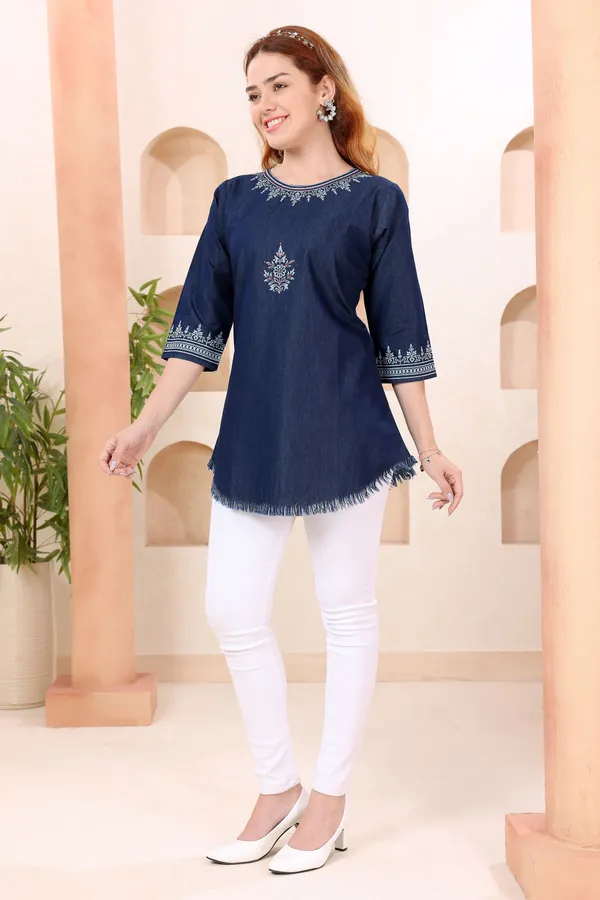 Fashionable_Boat_Neck_Denim_Tunic_With_Hand_Embroidery