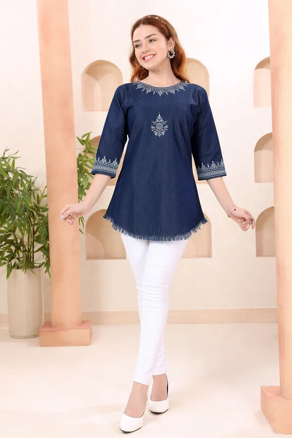 Fashionable_Boat_Neck_Denim_Tunic_With_Hand_Embroidery