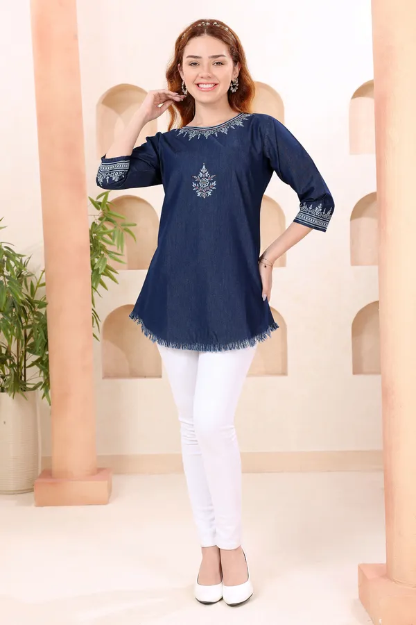 Fashionable_Boat_Neck_Denim_Tunic_With_Hand_Embroidery