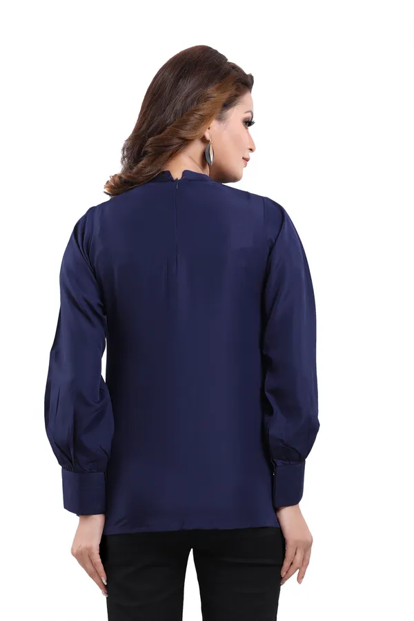 Prepossessing_Navy_Blue_Polyester_Crepe_Office_Wear_Short_Tunic_Top_For_Women
