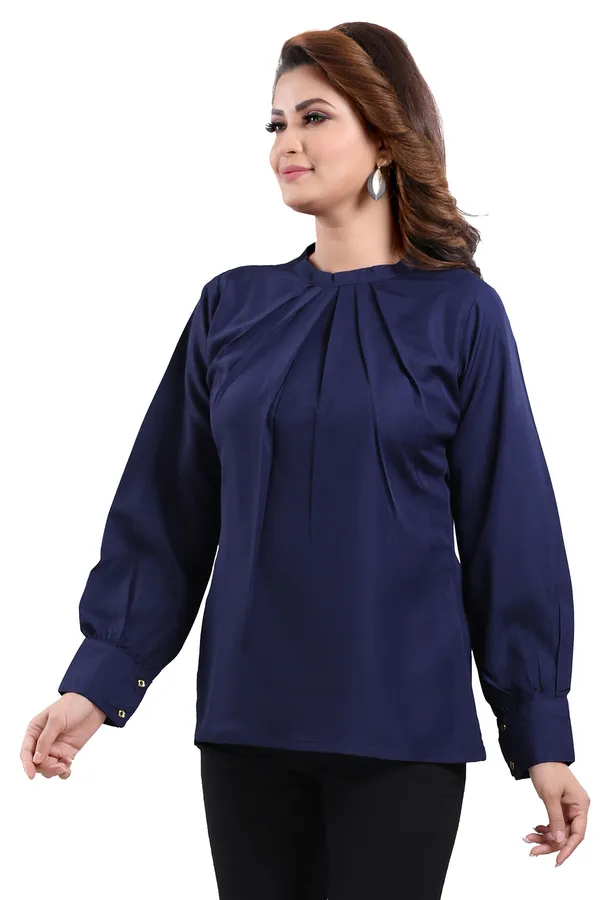 Prepossessing_Navy_Blue_Polyester_Crepe_Office_Wear_Short_Tunic_Top_For_Women