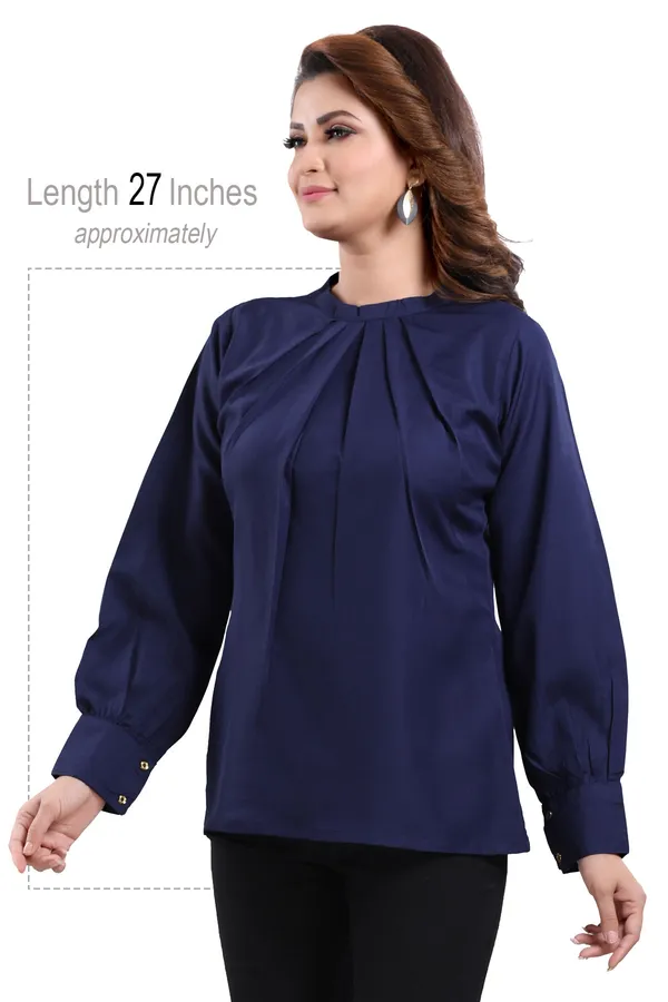 Prepossessing_Navy_Blue_Polyester_Crepe_Office_Wear_Short_Tunic_Top_For_Women