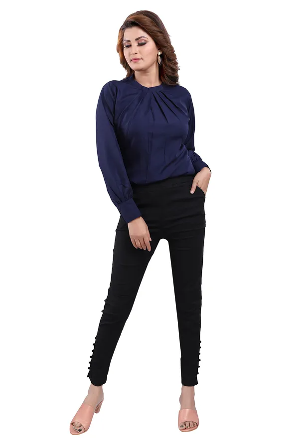 Prepossessing_Navy_Blue_Polyester_Crepe_Office_Wear_Short_Tunic_Top_For_Women