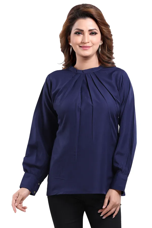 Prepossessing_Navy_Blue_Polyester_Crepe_Office_Wear_Short_Tunic_Top_For_Women