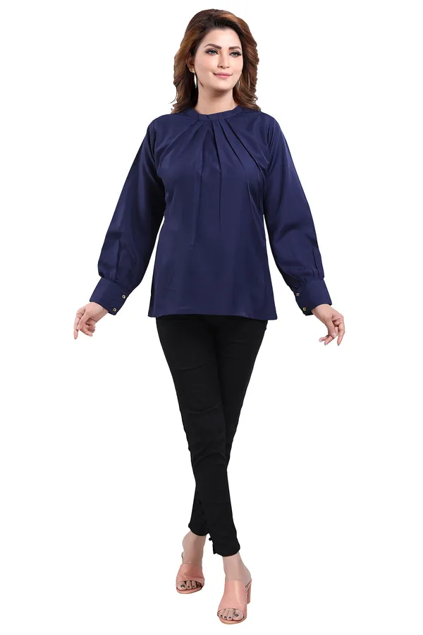 Prepossessing_Navy_Blue_Polyester_Crepe_Office_Wear_Short_Tunic_Top_For_Women