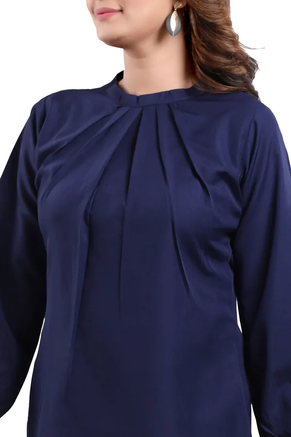 Prepossessing_Navy_Blue_Polyester_Crepe_Office_Wear_Short_Tunic_Top_For_Women