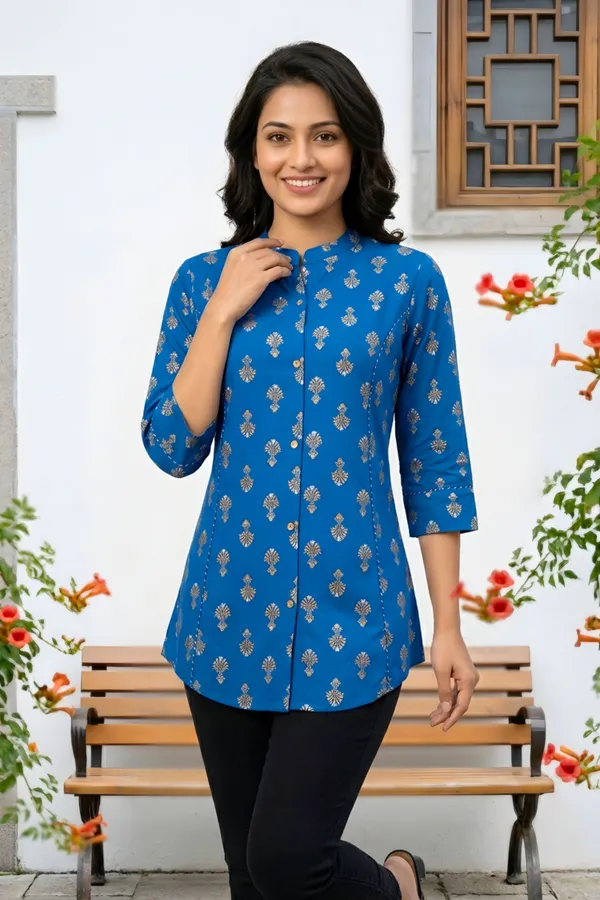Blue_Ethnic_Print_Rayon_Short_Kurti_for_Women_Princess_Cut_Design