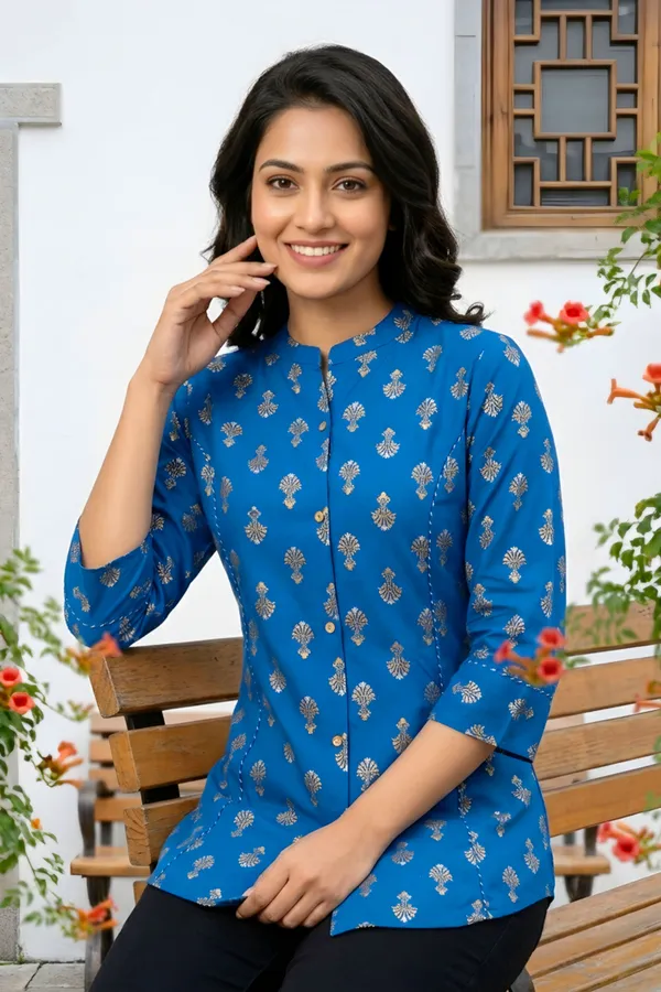 Blue_Ethnic_Print_Rayon_Short_Kurti_for_Women_Princess_Cut_Design