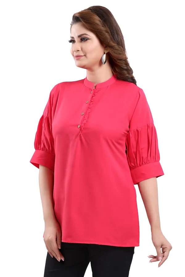 Hot_Pink_Poly_Crepe_Office_Wear_Short_Tunic_Top