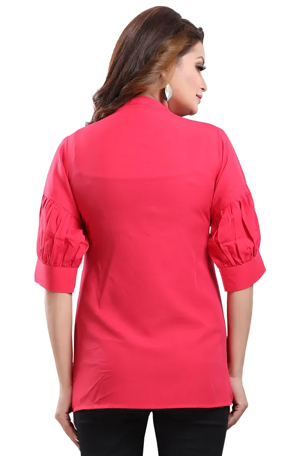 Hot_Pink_Poly_Crepe_Office_Wear_Short_Tunic_Top