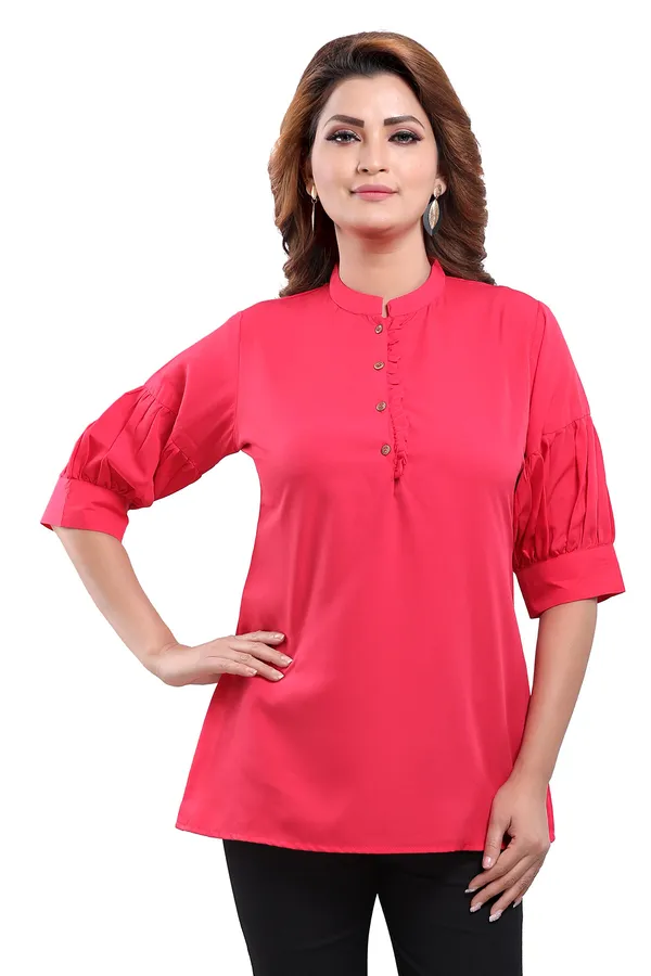 Hot_Pink_Poly_Crepe_Office_Wear_Short_Tunic_Top