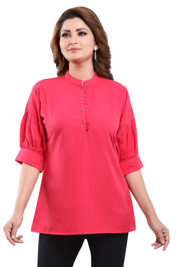 Hot_Pink_Poly_Crepe_Office_Wear_Short_Tunic_Top
