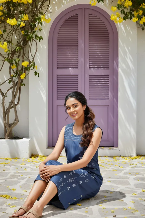 Blue_Stylish_Denim_Dress_With_Geometrical_Print_And_Embellishment