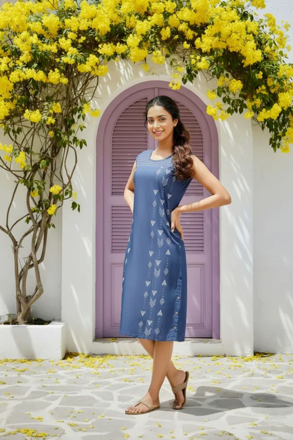 Blue_Stylish_Denim_Dress_With_Geometrical_Print_And_Embellishment