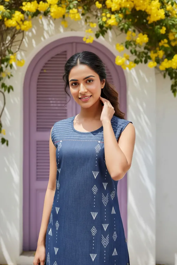 Blue_Stylish_Denim_Dress_With_Geometrical_Print_And_Embellishment