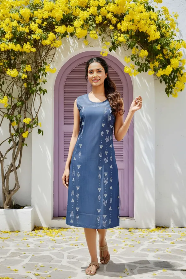 Blue_Stylish_Denim_Dress_With_Geometrical_Print_And_Embellishment