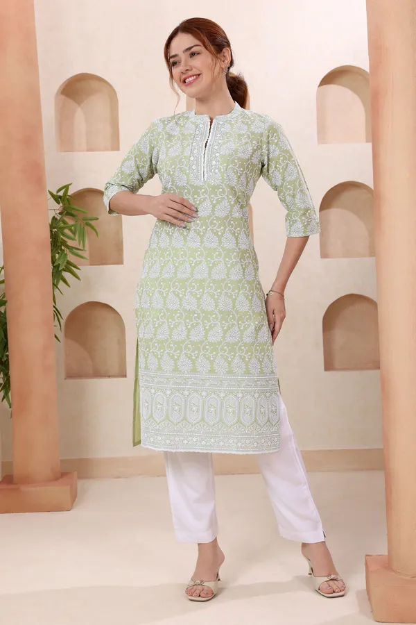 Light_Pista_Pure_Cotton_Chikankari_Long_Kurti_for_Women