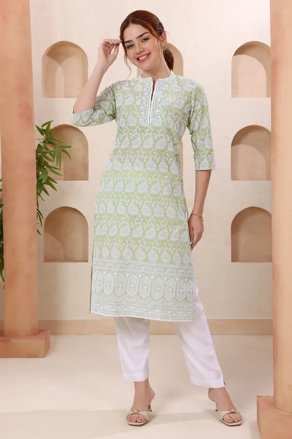 Light_Pista_Pure_Cotton_Chikankari_Long_Kurti_for_Women