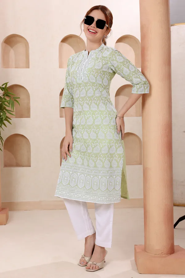 Light_Pista_Pure_Cotton_Chikankari_Long_Kurti_for_Women