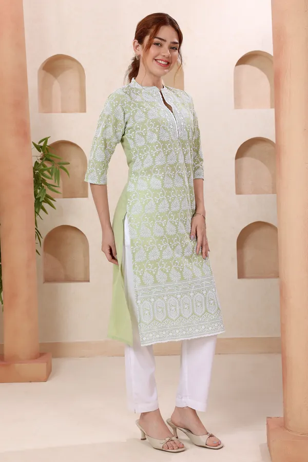 Light_Pista_Pure_Cotton_Chikankari_Long_Kurti_for_Women