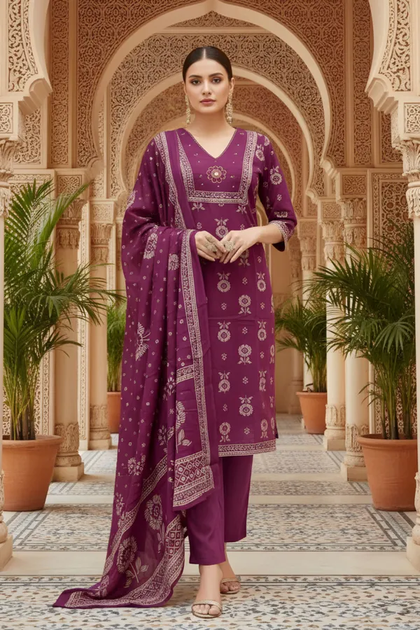 Wine_Jaipuri_Print_Cotton_Kurta_Pant_Dupatta_3PC_Set_for_Women