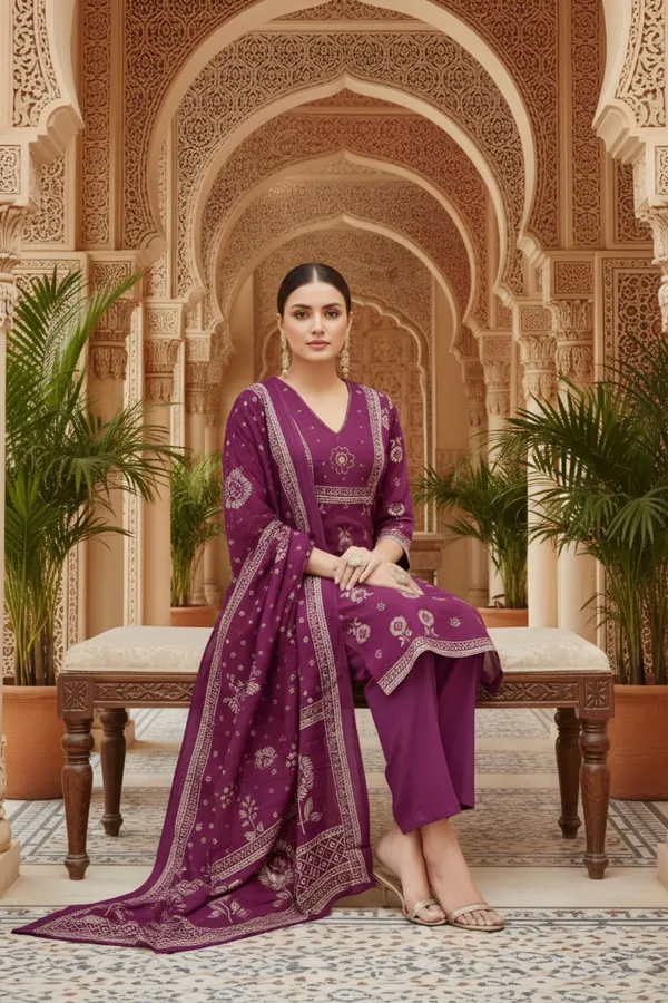 Wine_Jaipuri_Print_Cotton_Kurta_Pant_Dupatta_3PC_Set_for_Women