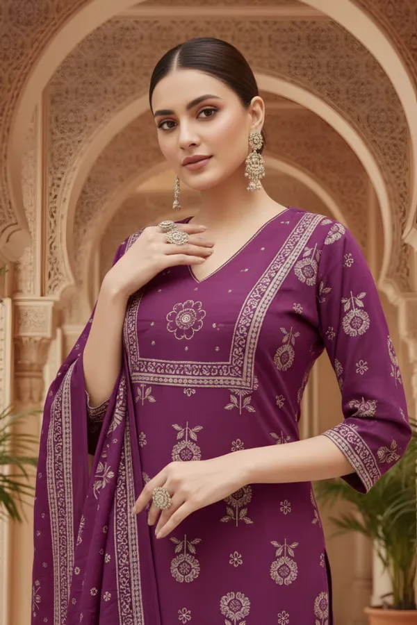 Wine_Jaipuri_Print_Cotton_Kurta_Pant_Dupatta_3PC_Set_for_Women