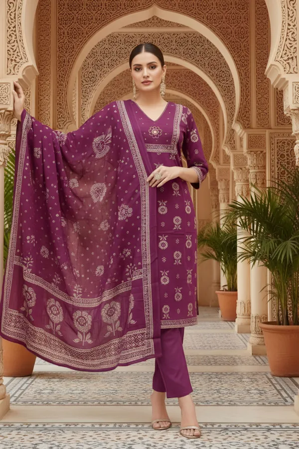 Wine_Jaipuri_Print_Cotton_Kurta_Pant_Dupatta_3PC_Set_for_Women