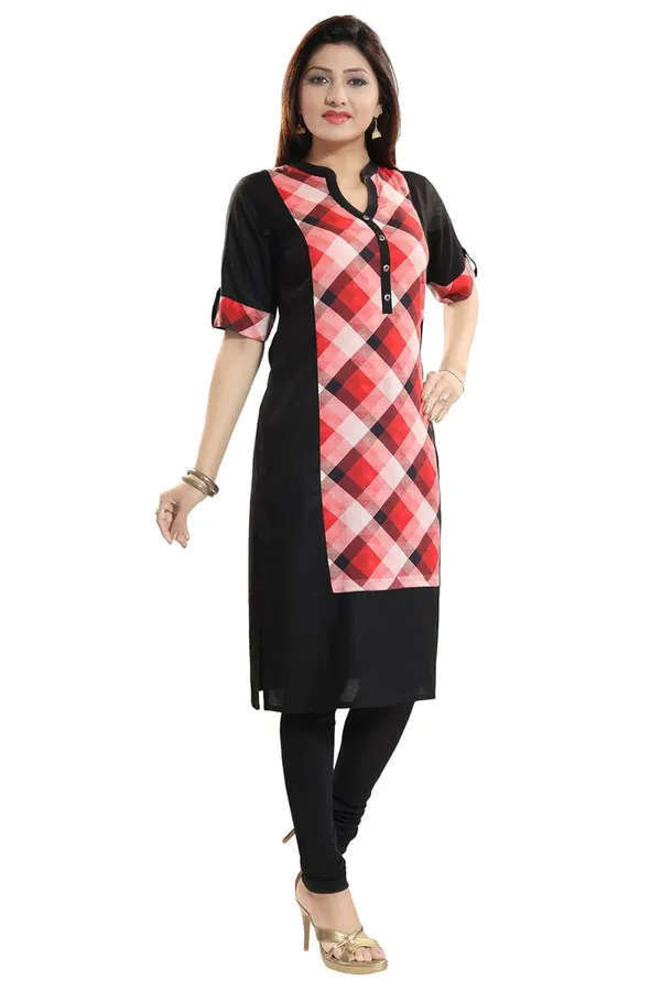 Women's_Beautiful_Black_Designer_Rayon_Long_Kurti_With_Roll_Up_Sleeves_For_Everyday_Wear_|_Kurti_Tops_|_Short_Kurti_|_Short_Kurti_For_Women_|_Short_Kurti_For_Girls
