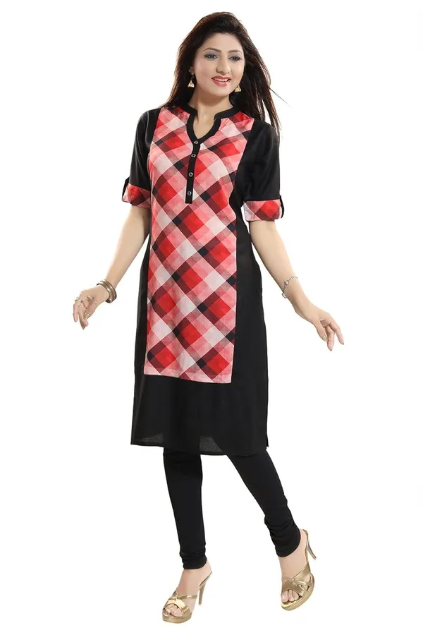 Women's_Beautiful_Black_Designer_Rayon_Long_Kurti_With_Roll_Up_Sleeves_For_Everyday_Wear_|_Kurti_Tops_|_Short_Kurti_|_Short_Kurti_For_Women_|_Short_Kurti_For_Girls