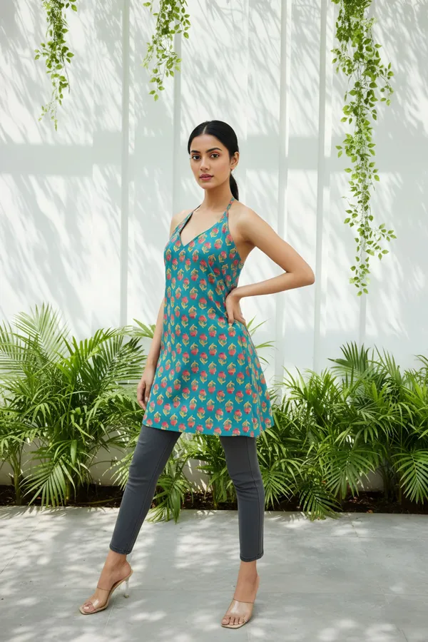 Rama_Green_Jaipuri_Print_Halter_Neck_Corset_Kurti