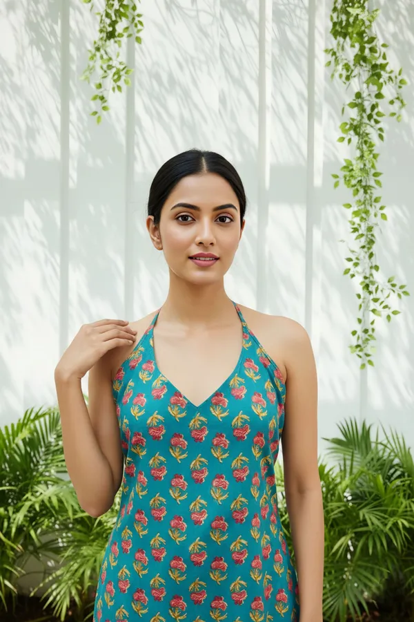 Rama_Green_Jaipuri_Print_Halter_Neck_Corset_Kurti