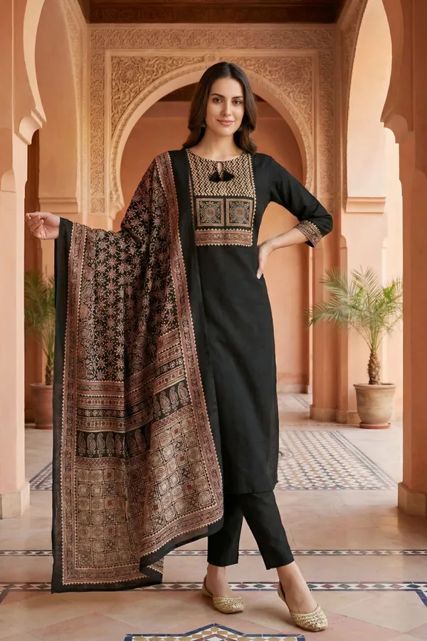 Black_Jaipuri_Cotton_Kurta_Pant_Dupatta_Set_With_Printed_Yoke_And_Dupatta