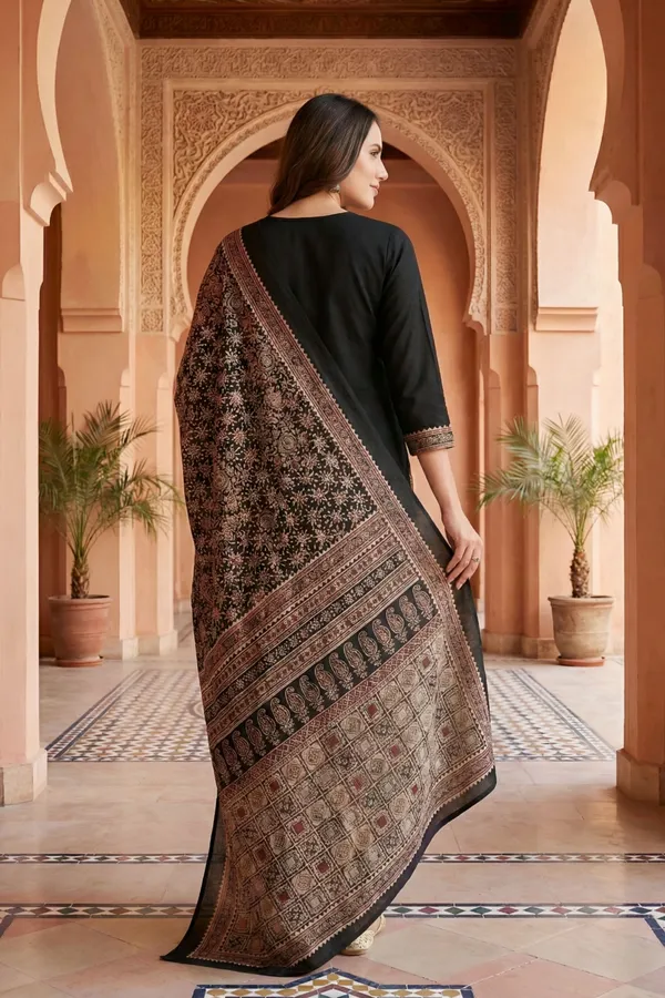 Black_Jaipuri_Cotton_Kurta_Pant_Dupatta_Set_With_Printed_Yoke_And_Dupatta