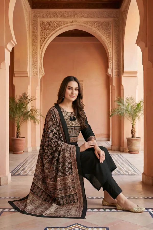 Black_Jaipuri_Cotton_Kurta_Pant_Dupatta_Set_With_Printed_Yoke_And_Dupatta