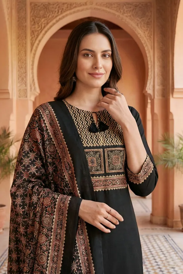 Black_Jaipuri_Cotton_Kurta_Pant_Dupatta_Set_With_Printed_Yoke_And_Dupatta