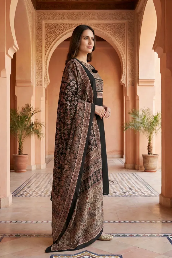 Black_Jaipuri_Cotton_Kurta_Pant_Dupatta_Set_With_Printed_Yoke_And_Dupatta