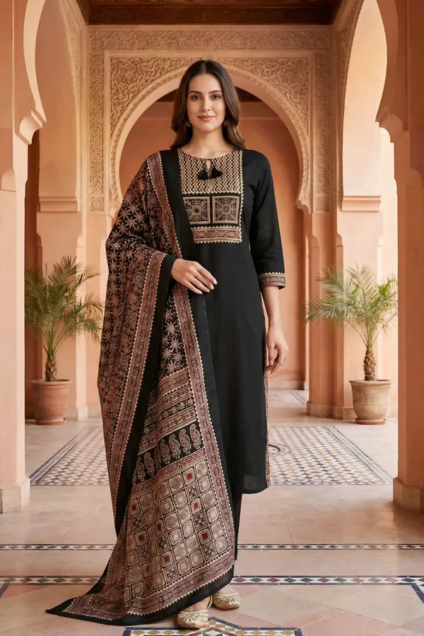 Black_Jaipuri_Cotton_Kurta_Pant_Dupatta_Set_With_Printed_Yoke_And_Dupatta