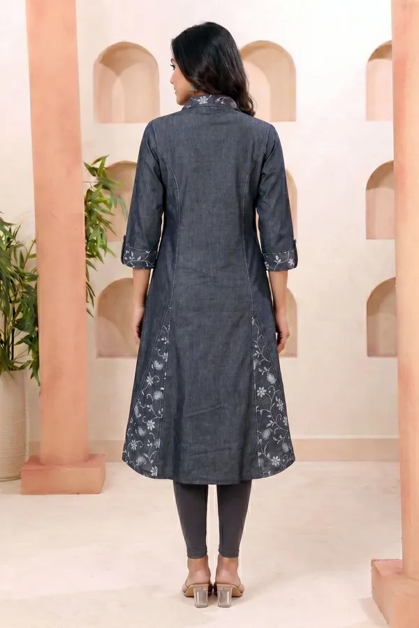 Stylish_Black_Denim_A_Line_Kurti_with_Floral_Print_Detailing